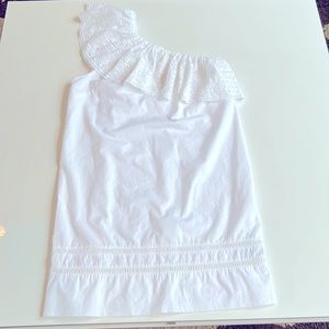 Abercrombie and Fitch white cotton dress one Shoulder, ruffle eyelet embroidery